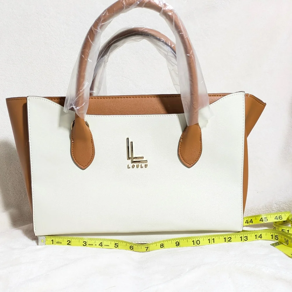 NWOT Loulu‎ Cream Brown Purse Tote Vegan Leather Detachable Crossbody Strap